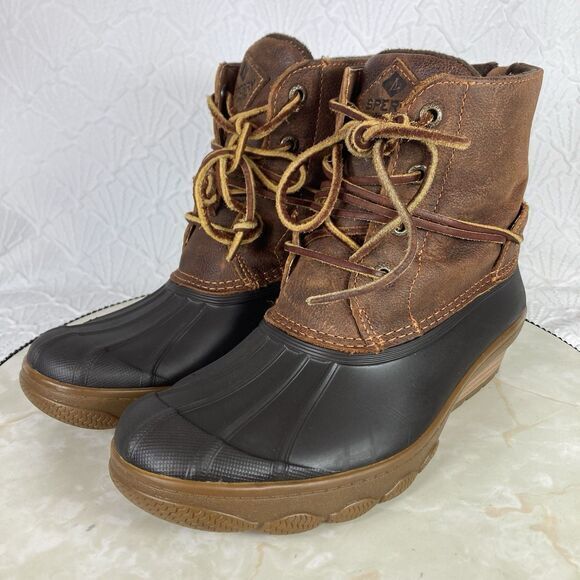 Sperry Duck Boots Womens Size 7 Black Brown Leather Outdoor Rubber Rain Booties - Picture 8 of 15